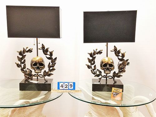 PR. MARBLE BASE LAMPS W/ BRASS SKULL AND WREATH 32"