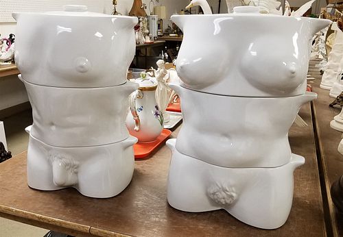 PR. 1970'S STACK OF 3 COVERED CASSEROLES IN THE FORM OF A MANS & WOMANS TORSOS BY FLESH PATS STOKE ON TRENT MADE BY MORRIS RUSHTON