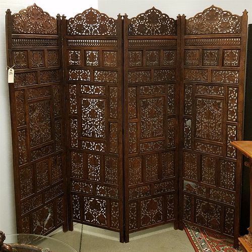 INDIAN CARVED TEAK 4 FOLD SCREEN 74"H X 20" EA SECTION