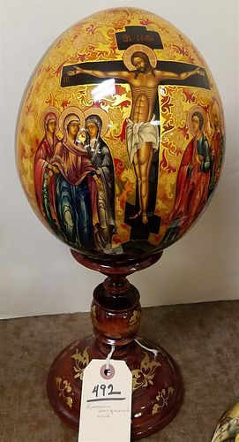 RUSSIAN LACQUERED WOOD EGG AND STAND 15"
