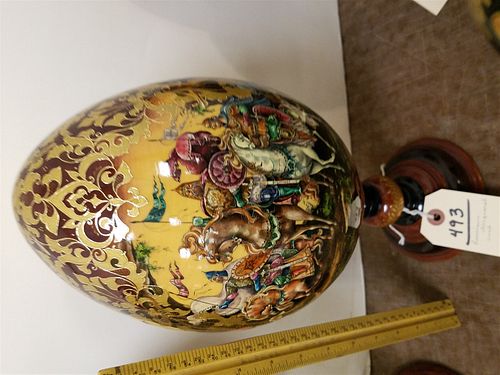 RUSSIAN LACQUERED WOOD EGG AND STAND 14 1/2"