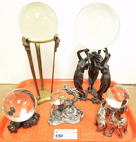 TRAY 5 CRYSTAL BALLS AND FIGURAL STANDS BRONZE 3 MAIDENS AND BRASS TRIPOD- 14", CHROME ELEPHANTS 6", METAL DRAGON 5" AND METAL CATS 5"