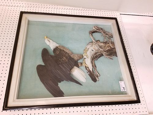 HIGH RELIEF FEATHER SCULPTURE OF AN EAGLE IN SHADOWBOX FRAMED 35 1/2" X 32"