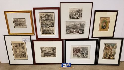 BX 8 19TH C FRAMED ILLUS PCS- LITHOS FROM HARPERS WEEKLY, THE GRAPHIC, PUCK, ETC