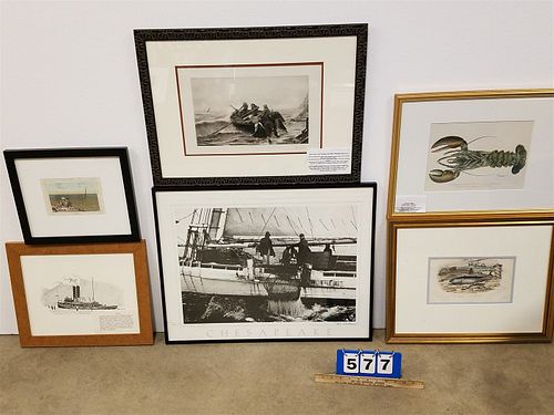 TUB 6 FRAMED ITEMS- LITHOS- AMER LOBSTER AND PHOTOGRAVURE GOING FISHING ETC