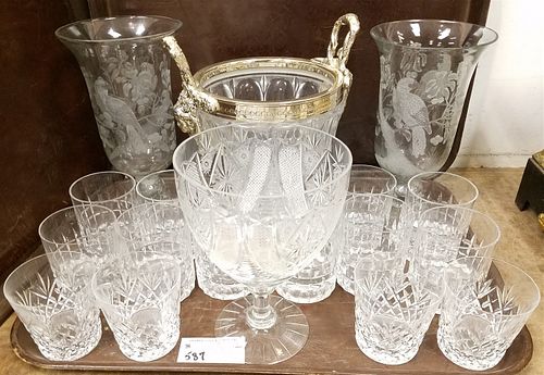 TRAY CRYSTAL ICE BUCKET, 14 GLASSES, 2 ETCHED VASES 11" AND CUT COMPOTE