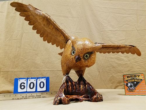 CHINESE CARVED WOOD AND BAMBOO OWL 19"H X 29"W X 16"D