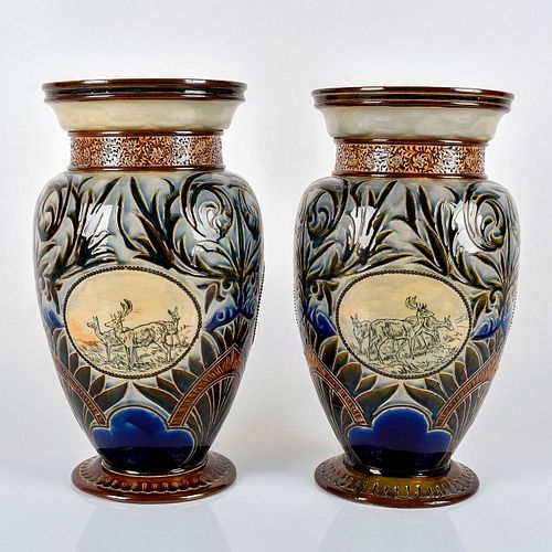 Pair of Hannah Barlow Stoneware Art Pottery Vases  Animals