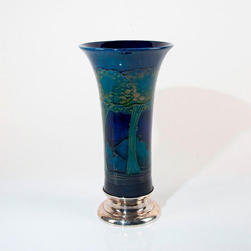 Moorcroft Pottery Footed Vase on Silver Base, Moonlit Blue