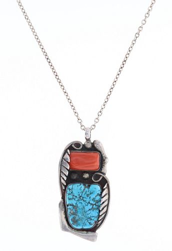 Navajo Silver Turquoise Red Branch Coral Necklace