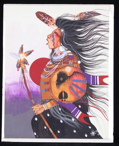 L. Hood Original Gouache Comanche Warrior