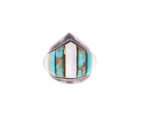 Rare Zuni Turquoise & MOP Inlaid Large Ring 1960's