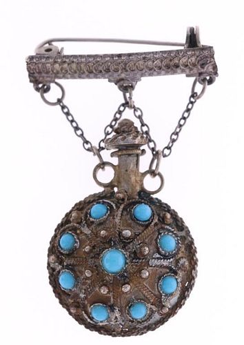 Antique Silver & Turquoise  Medicine Flask Brooch