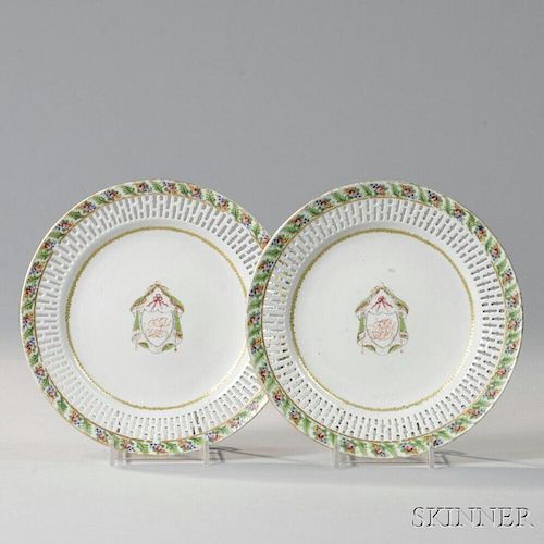 Pair of Export Porcelain Reticulated Armorial Plates