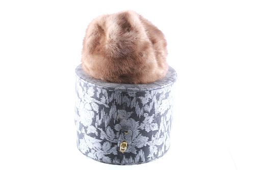 Blond Mink Fur Hat & Damask Hat Box C.1960