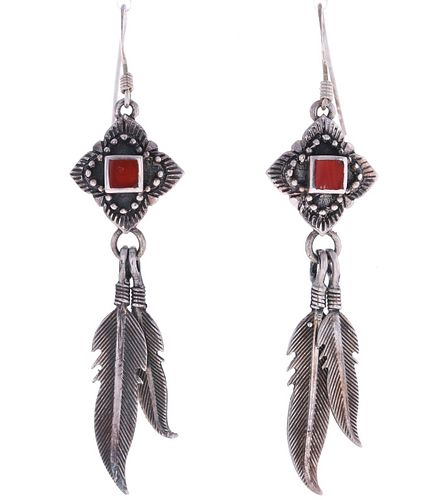 Navajo Sterling Silver Red Branch Coral Earrings