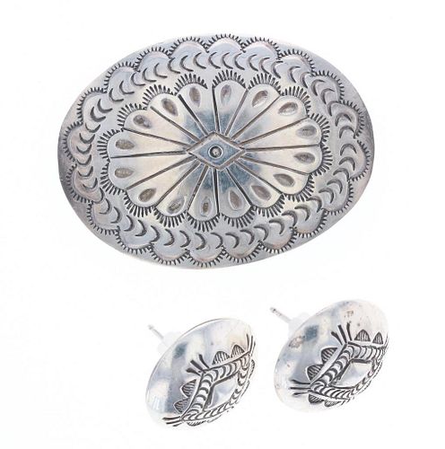 Navajo Sterling Silver Earrings & Belt Concho