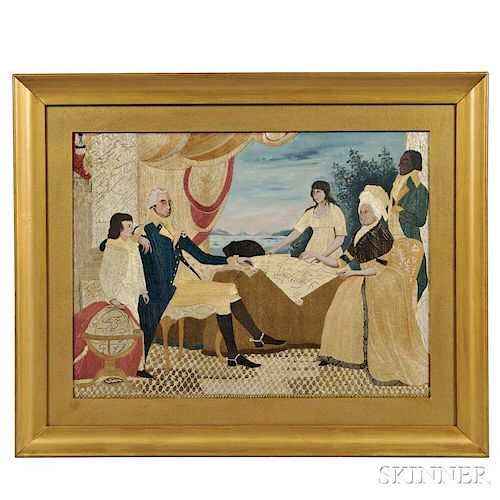 Needlework and Watercolor Picture of George Washington and His Family