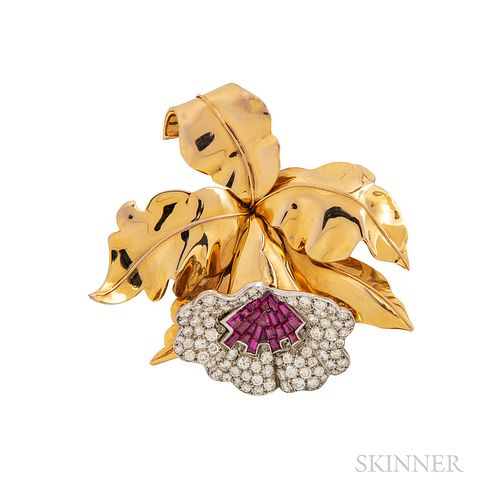 Retro 18kt Gold, Platinum, Ruby, and Diamond Orchid Brooch