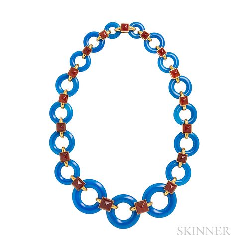 Aldo Cipullo 18kt Gold, Blue Chalcedony, and Carnelian Necklace