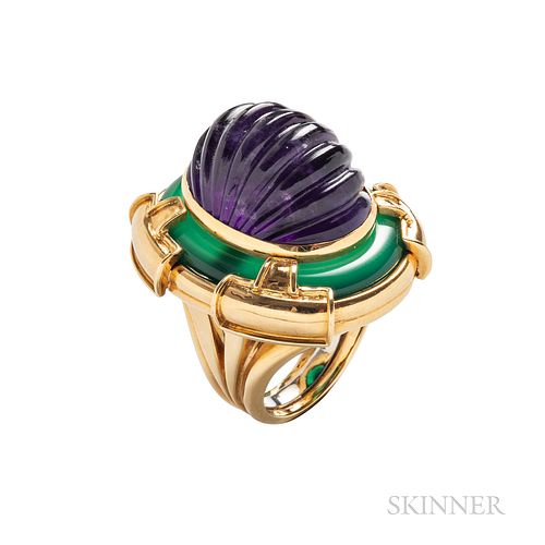 David Webb 18kt Gold, Amethyst, and Green Agate Ring