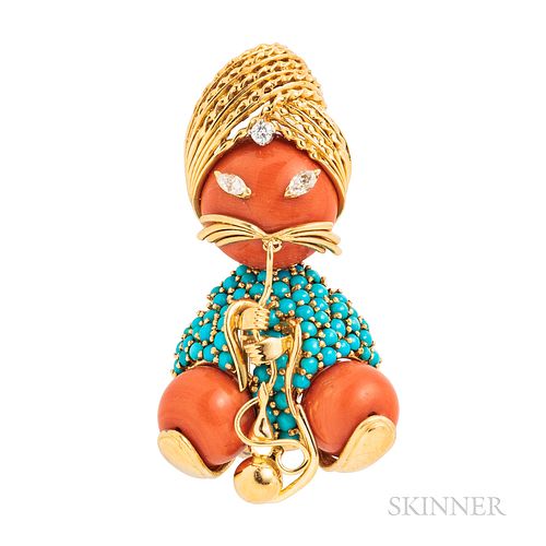 18kt Gold, Coral, and Turquoise Figural Brooch