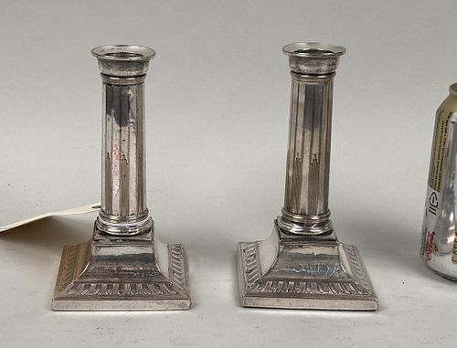 Pair Old Sheffield Square Base Candlesticks