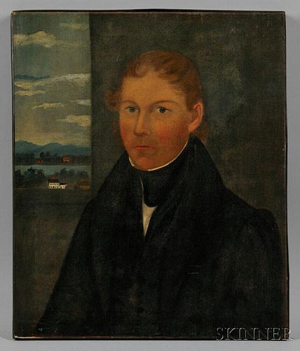 American School, 19th Century      Portrait of a Gentleman with Landscape and Buildings Beyond