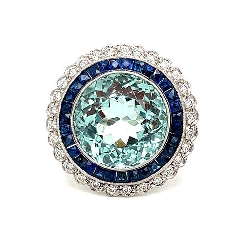 Platinum Aqua Sapphire Diamond Ring