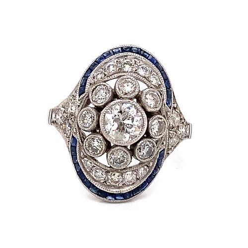 Art Deco Platinum Sapphire Diamond Unique Oval Ring