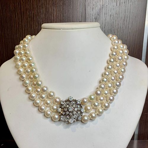 Victorian Gold & Silver Topped 3-Strand Pearl Necklace