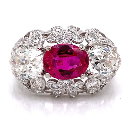 14K White Gold and Platinum Certified Burma Ruby and Diamond Ring