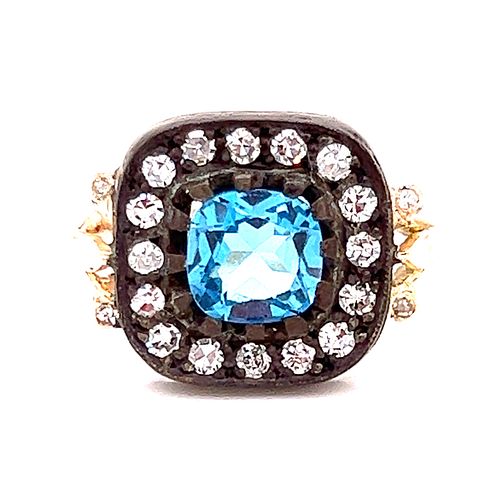 Silver and Gold Blue Zircon Diamond Ring
