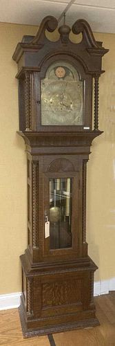 Tiffany & Co Carved Oak Brass Dial Tall Case Clock