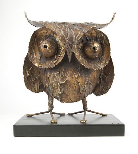 A Curtis Jere patinated metal owl sculpture