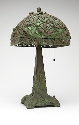 A Manhattan Brass Company leaded glass acorn lamp