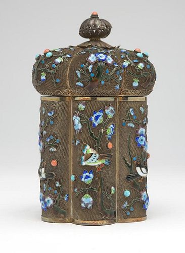 Chinese export silver filigree & enamel canister