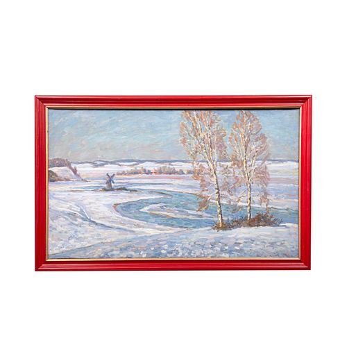 VIKTOR A. BORZOV. A la orilla del rio en Mijaiovski. Firmado y fechado 1992 al reverso. Óleo sobre tela 49.5 x 83 cm.