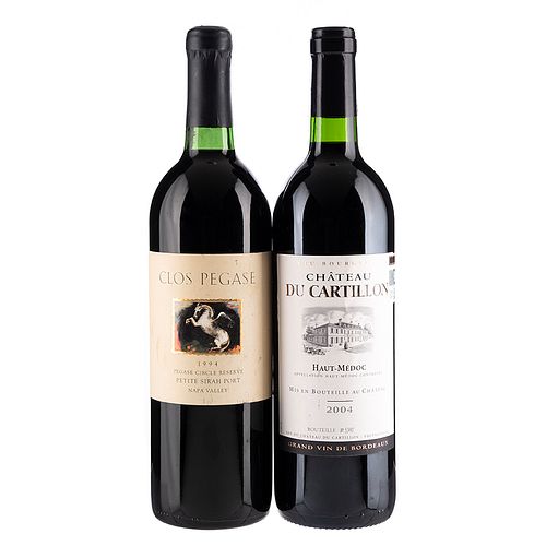 Lote de Vinos Tintos de U.S.A. y Francia. Clos Pegase. Chaâteau - Cartillon. En presentaciones de 750 ml Total de piezas: 2.