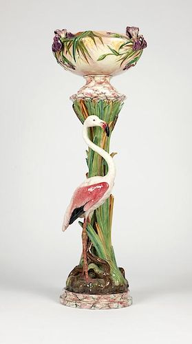A Delphin Massier flamingo pedestal jardiniere