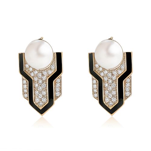 Mabe Pearl Diamond and Enamel Earrings
