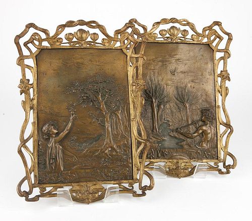 Two framed Art Nouveau bronze plaques
