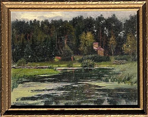 Eastern European Painting of Lakeside Cottage
