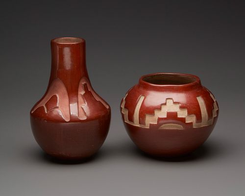 Two San Ildefonso Pueblo redware vessels