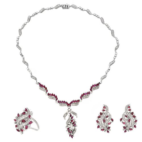 Diamond, Ruby and Platinum Jewelry Suite