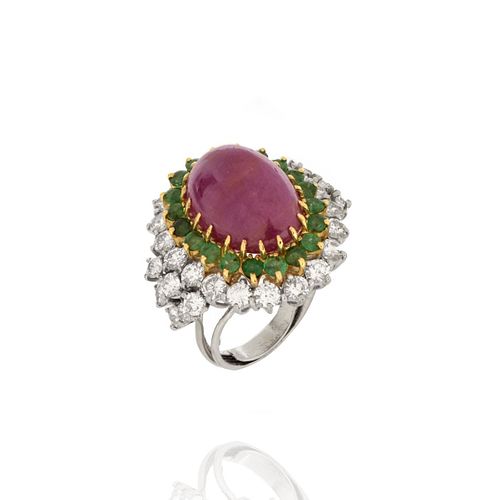 Ruby, Diamond, Emerald and 18K Ring