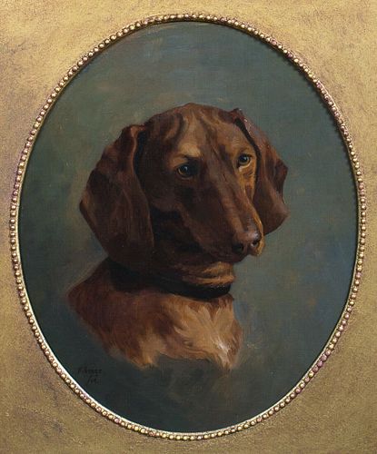 PORTRAIT OF A TAN BROWN DACHSHUND DOG OIL PAINTING