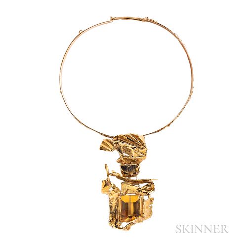 Sculptural 14kt Gold and Citrine Brooch and Necklace
