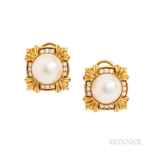 18kt Gold, Mabe Pearl, and Diamond Earrings
