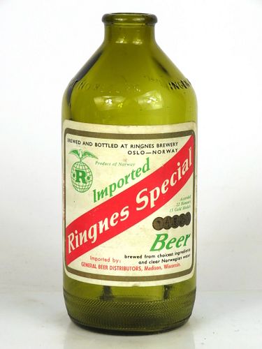 1961 Ringnes Special Beer 12oz Handy "Glass Can" bottle Norway, Oslo